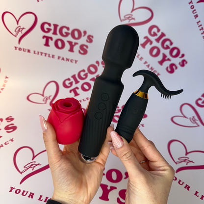 Trio Black Magic - Wand Massager, Succhia Clitoride Rosa e Vibratore a Distanza